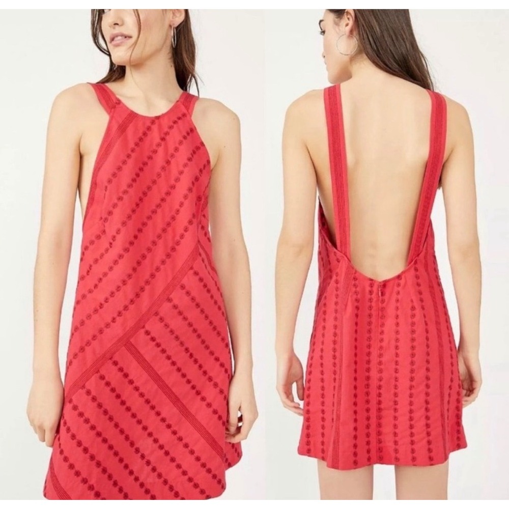 Free People Juni Mini Dress Red Embroidered Halter Open Back Size Large - Picture 3 of 9